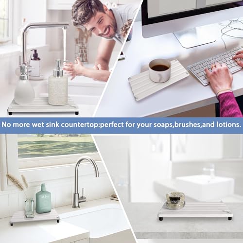 2 PCS Water Absorbing Stone Trays for Bathroom Sink Fast Drying Coasters | 11" x 4.7", Faucet Mat for Kitchen Sink, Diatomite Sink Caddy, Hand Soap Holder with Feet, Diatomaceous Earth, Vanity Tray - color: 11" X 4.7" White