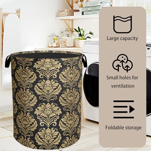 Gold Black Damask Flowers Laundry Basket - Extra Large Foldable Washable Laundry Hamper with Handles, Storage Bin for Bathroom/Laundry/Bedroom/Dorm - color: Golden Damask Flowers