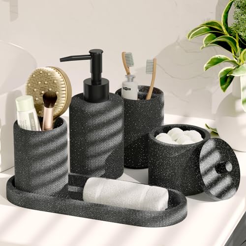 Clara Clark Coal Black Bathroom Set - Bathroom Sets with Shower Curtain and Rugs, 21PC Bathroom Accessory Set, Shower Curtain Set with Soap Dispenser & Toothbrush Holder - color: Coal Black, size: Complete Set + Bath Rugs