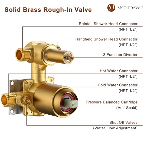 MONDAWE 8 Inch Wall Mounted Shower Faucet Set in Brushed Gold, Rainfall Shower Head with 3-Setting Handheld Spray Shower Set Combo, High Pressure Shower System with Solid Brass Valve - color: Brushed Gold, style: 8 IN - Without Tub Spout