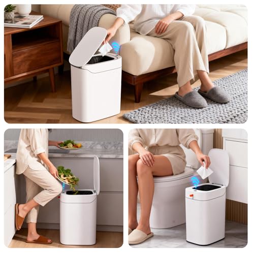 funest Bathroom Trash Can with Lid, Automatic Motion Sensor Trash Can, 3.5 Gallon Garbage Can, Type-C Rechargeable, Bag-Holding Design, One-Pull Auto Packing, Quiet-Close Hinge for Bedroom, Office