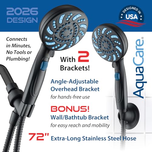 AquaCare 2026 High Pressure 7-mode Handheld Shower Head with Pause Switch | Detachable Showerhead Wand, Stay-Clean Jets, Extra-long 6 ft. Stainless Steel Hose, Dual Wall & Overhead Brackets / Black - color: Black