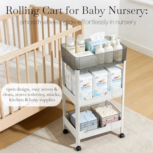 3 Tier Rolling Cart with Wheels 4.7'' Deep Baskets Bathroom Storage Shelf Heavy Duty Plastic Bedside Cart, Large Capacity Snack Stand Diaper Caddy Laundry Room Kitchen Organizer, White - size: 3-tier