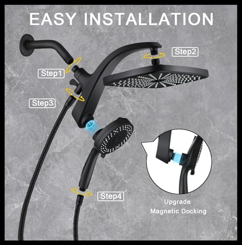 12" High Pressue Rain Shower Head with Handheld, 9 Sprays Hand Showerhead | Shower Heads with Handheld Spray Combo, Dual Head, Built-in Magnetic Docking, Power Jets, 59" Shower Hose, Black 1.75GPM - color: Black