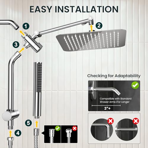 Veken 10" Luxurious Rain Shower Head with Handheld, High Pressure Rainfall Shower Heads wih Extension Arm, Wide Dual Showerhead with Spray Combo, Bathroom Accessories, Chrome, Silver - color: Chrome
