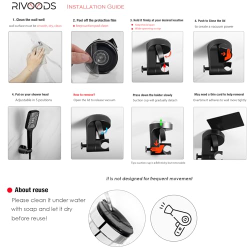 Hand held Showerhead Holder Wall Mounted - Wide Anlge Adustable - Bathroom Suction Cup Shower Hose Holder (Matte Black) - color: Matte Black