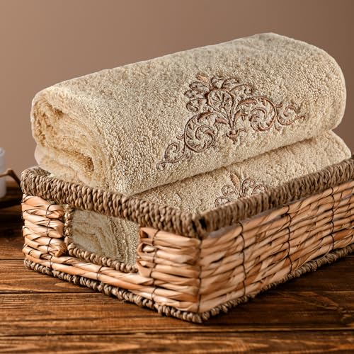 SmoothNovelty 2 Pcs Damascus Hand Towels Brown Farmhouse Bathroom Decor 14x29 Inch Embroidered 100% Cotton Soft Absorbent Spring Summer Decorative Hand Towels for Bathroom Kitchen - style: Damascus