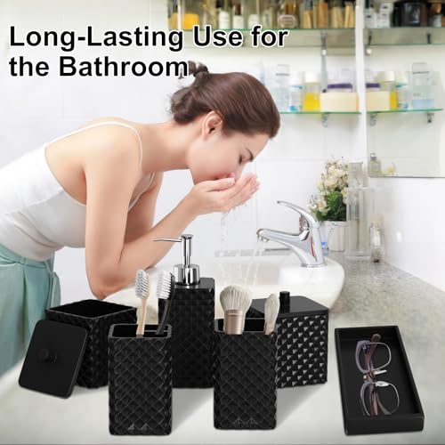 Bathroom Accessories Set Resin 6PCS, Square Toothbrush Holders Set Complete with Soap Dispenser, Vanity Tray, Tumbler, Cups and Cotton Swab Jars (Black Diamond, Resin Bath 6 PCS) - color: Black Diamond