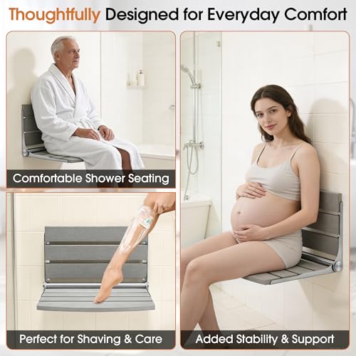 20" Folding Shower Seat, Fold Down Shower Seat Wall Mounted, Stainless Steel Frame with HDPS Seat, 400 lb Load Capacity, Folding Shower Bench for Seniors & Elderly (Gray) - color: Gray