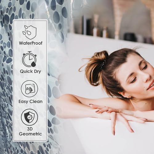 Dark Blue Plastic Shower Curtain Liner, 3D Pebble, 70x72 inch | 100% waterproof, PEVA, modern 3D pattern, 12 rust-free pouch holes, fits standard tubs, for home, hotel, dorm - color: Pebble-dark Blue