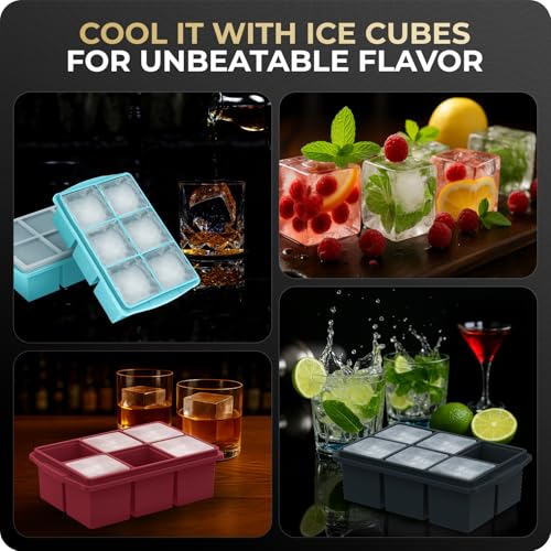 Large Ice Cube Trays for Whiskey, Silicone Ice Cube Tray, with Reinforced Steel Ring Top, Makes 12 perfect 2-in ice cubes, Square Ice Tray for Cocktails, Whiskey, Coffee. (2 Pack) - color: Water blue
