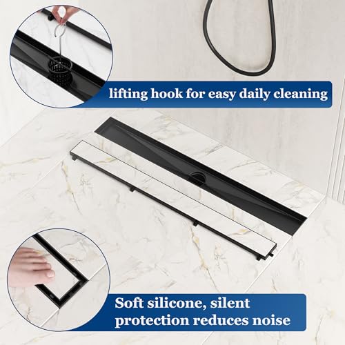 Neodrain 18-Inch Linear Shower Drain-Matte Black,with Tile Insert Grate | 304 Stainless Steel, Fast Drainage, Rectangle Shower Floor Drain with Leveling Feet & Hair Strainer, Fits Bathroom, Balcony - color: Matte Black, size: 18 IN