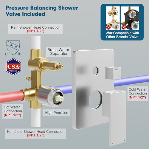 Kurpot Shower System, 10'' High Pressure Brushed Nickel Shower Head with Handheld Spray Combo, Included 59'' Shower Hose, Shower Trim Kit and 2-IN-1 Diverter, Bathroom Shower Faucet Set with Valve - color: Brushed Nickel
