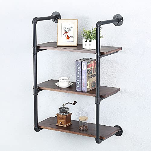 Industrial Pipe Shelves With Wood Planks,Rustic Pipe Shelving Wall Shelf | Metal Pipe Solid Pine Wood,Easy to Assemble,Wooden Board Thickness 0.78 In,For Bar Farmhouse Kitchen Office Bathroom,Bedroom - color: 3-layer, size: 24in