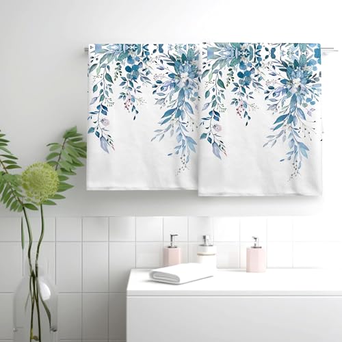 2 Pack Blue Eucalyptus Bathroom Hand Towels Decorative Plant Leaves Dish Kitchen Towels 16x27 Inch Navy Floral Botanical Absorbent Soft Microfiber Bath Fingertip Towels Hotel Spa Decor