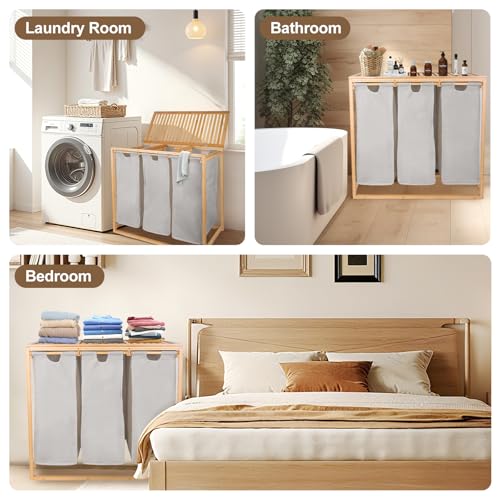 Bamboo Laundry Hamper 3 Section with Lid, 150 L Laundry Sorter with Pull-Out Removable Washable Bags, 3 × 12.5 Gal Divided Laundry Baskets for Laundry Room, Bathroom (Gray)