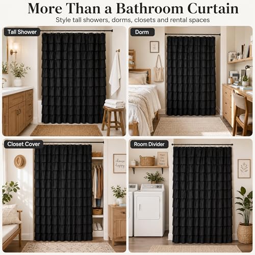 Black Gothic Shower Curtain for Bathroom, Extra-Long 72 x 84 inch, Ruffle | Cascading Layered Ruffles, 72x84, 8ft, 12 Plastic Hooks Included, Machine Washable, Soft Brushed Microfiber Fabric - color: Black, size: 72"W x 84"L (Pack of 1)