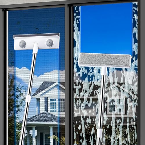 IMHO Mesh Screen Cleaner, Glass Wiper, Dust Paper Clip,3 in 1 Wet and Dry Screen Cleaner with Long Handle Wiper for Shower, Glass, Floor, Tile Walls, Car Windshield, White - style: Three-in-one window cleaner