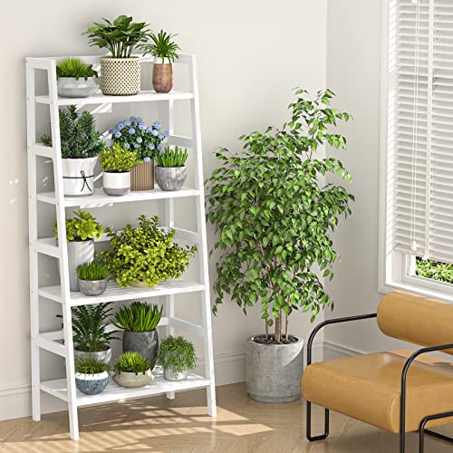 Ladder Shelf, 4-Tier Bamboo Ladder Bookshelf, 49.2” White Book Shelf, Open Bookcase Freestanding Plant Stand for Small Space, Bathroom, Living Room, Bedroom, Home Office - color: White
