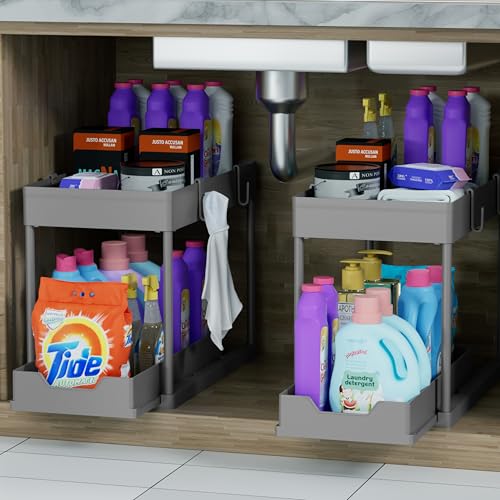 DEKAVA 2 Pack Under Sink Organizer, 2-Tier Sliding Cabinet Basket, Grey - color: Grey