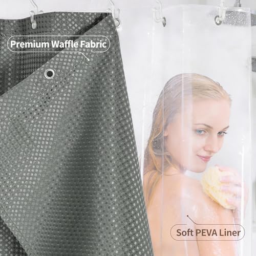 QiyI 3 in 1 Waffle Shower Curtain Set with Liner, Grey, 72 x 84 | Shower Curtain and Liner Set with Hooks, Waterproof Bathroom Curtain with PEVA Liner & 12 Double Sided Clear Plastic Rings - color: Grey, size: 72"W x 84"L (Pack of 1)