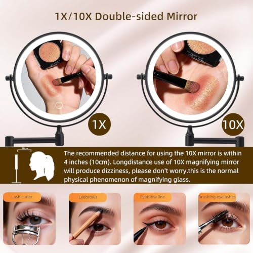 Wall Mounted Makeup Mirror with Lights, 8" Rechargeable 1X/10X Magnifying Mirror, 360° Swivel Extendable Arm, 3 Color LED (1, Black) - color: Black