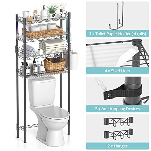 Hodonas Over The Toilet Storage Shelf, Gray, 26.97" x 9.84" x 67.32" | Sturdy Carbon Steel, 4 Tiers, Adjustable, Freestanding, Stable Above Toilet for Bathroom Storage, Easy to assemble - color: Grey-4 Tier