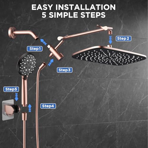 Veken Rose Gold 11.8" High Pressure Shower Head with Handheld, Easy Install | Handheld Shower Head with Multi Spray Modes,Rainfall Combo with 15" Metal Extension Arm,Detachable Dual Shower,Regaderas Para - color: Rose Gold, size: 11.8 Inch High Pressure
