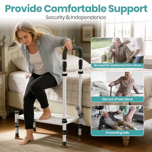 Medical Step Stool, Wide Platform, Adjustable Handrail & Legs | Adjustable handrail(32.5”-40.4”) & sturdy steel frame. 800 lb capacity. Use on bed, car SUV & bathroom. Safe for seniors. - color: Classic White