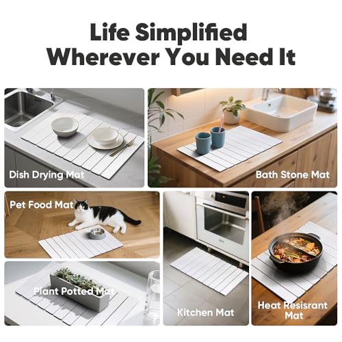 Stone Drying Mat for Kitchen Counter, Quick Diatomaceous Earth Mats for Dishes, 24"L x 16" W Super Absorbent Fast-Drying Collapsible Countertop Stone Mat (White, 24" x 16") - color: White