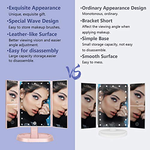 Trifold Lighted Vanity Makeup Mirror with 21 LED Lights,1x/2x/3x Magnification and Touch Screen Dimming,Two Power Supplies Makeup Mirror, Gift for Women - color: Pink