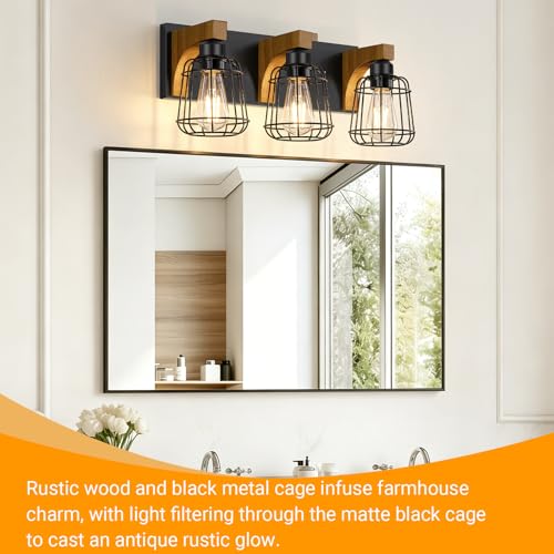 Dpyrrhic 3-Light Bathroom Light Fixtures, Wood Bathroom Wall Lights, Modern Bathroom Vanity Light with Cage Metal Shade, Bathroom Wall Lamp for Mirror Kitchen Bedroom Living Room