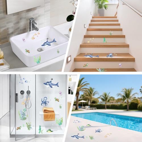 6 Pages Non Slip Bathtub Stickers Bulk Bathtub Sea Stickers with Scraper Plastic Adhesive Cartoon Ocean Animal Slippery Floor Decal for Shower and Bath Tub Home Decorations DIY Crafts Gift - style: Ocean