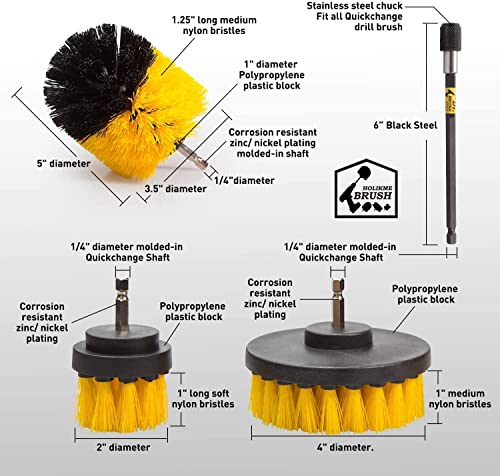 Holikme Drill Brush Set, 4 Piece Power Scrubber for Grout and Tile | 4-piece set, 3 brush sizes, extension rod, nylon bristles, yellow, fits compatible cordless drills