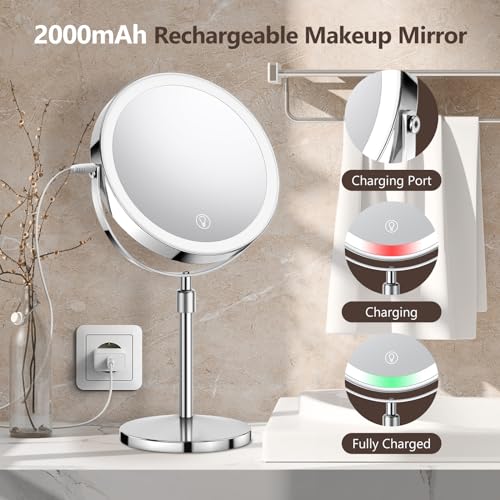 UBYMET Lighted Makeup Mirror, Rechargeable Height Adjustable Double Sided, 1x/10x Magnifying with 3 Color, Brightness Adjustable, 360° Rotation Vanity, Gift for Women - color: 8in Dresser Chrome
