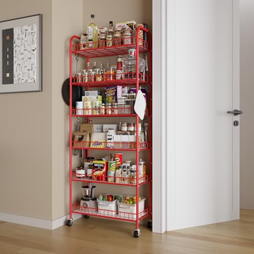 Slim Rolling Storage Cart, 6 Tier Metal Kitchen Rolling Utility Cart with Lockable Wheels for Kitchen, Bathroom, Laundry Room, Small Narrow Spaces (Red 10 Inches) - size: Red 10 Inches