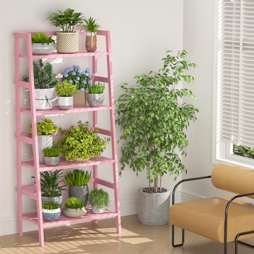 Bamboo Ladder Bookshelf, 4-Tier Ladder Shelf Open Book Shelf Freestanding Bookcase Bathroom Storage Rack Plant Stand for Living Room, Bedroom, Office, Easy Assembly, Pink - color: Pink