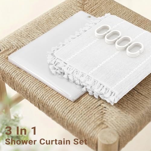 BTTN 3 in 1 Shower Curtain with Liner, 36 Inch Stall Boho Linen Thick Striped Cloth Shower Curtain Set with Hook, Half Rustic Hotel Luxury Waterproof Fabric Shower Curtain for Bathroom, White, 36x72 - color: White With Liner, size: 36"W x 72"L (Pack of 1)