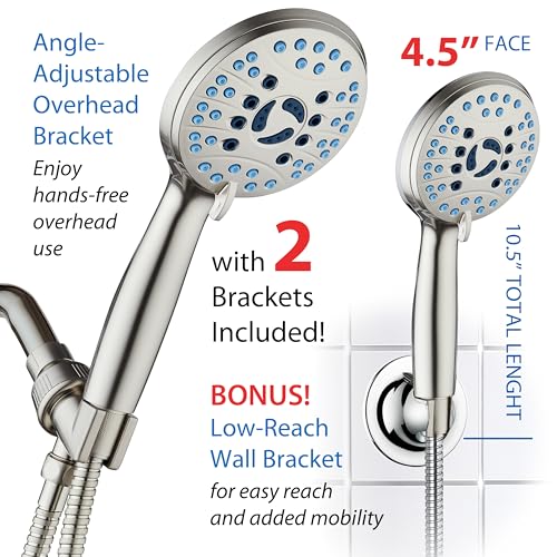 AquaCare 8-mode High Pressure Handheld Shower Head with 2-mode Power Wash | Stay Clean Nozzles, Dual Power Wash for Tub, Tile & Pets, Long 6 ft. Stainless Steel Hose, Wall & Overhead Brackets / Nickel - color: Satin Nickel, style: 2.5 Gallon Per Minute