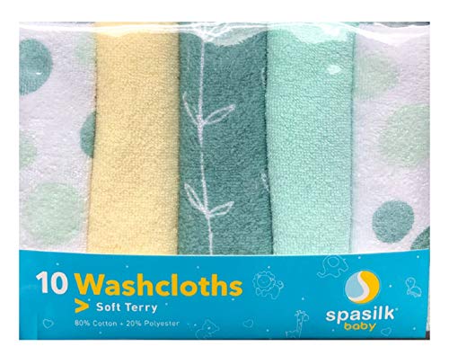 Spasilk Baby 10 Pack Soft Terry Bath Washcloth Wipes - color: Green Dots, size: 10 Count (Pack of 1)