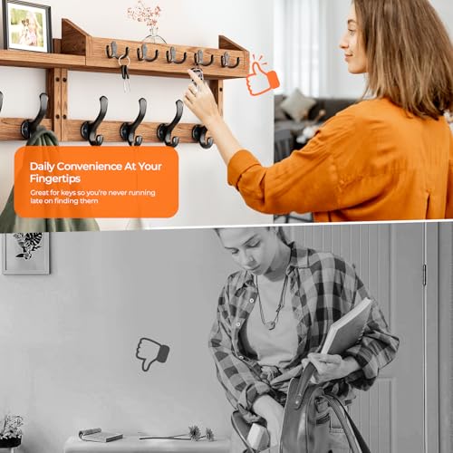 Evermagin 35" Coat Rack Wall Mount with Shelf & 13 Hooks, Entryway, Brown | Wooden Wall Mounted Coat and Key Rack with Hooks, Key Hanger with Mail Holder for Living Room, Mudroom, Bedroom - color: Brown, size: 35 inch