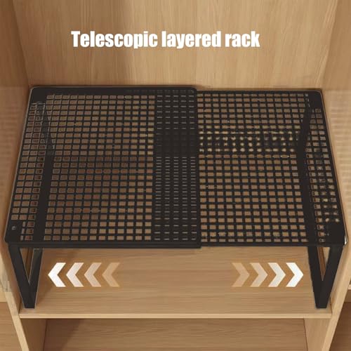 Expandable Stackable Cabinet Organizer - Adjustable Storage Shelf Rack for Kitchen, Bathroom, Pantry, and Office Space Saving - color: Black