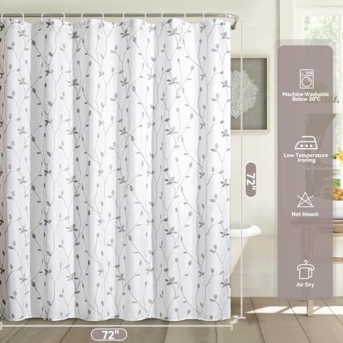Embroidered Leaf Farmhouse Shower Curtain,Faux Linen,72Wx72L,White Grey | Boho Modern Shower Curtain Set, Washable & Waterproof Fabric, Floral Shower Curtains for Bathroom with Hooks - color: White Grey