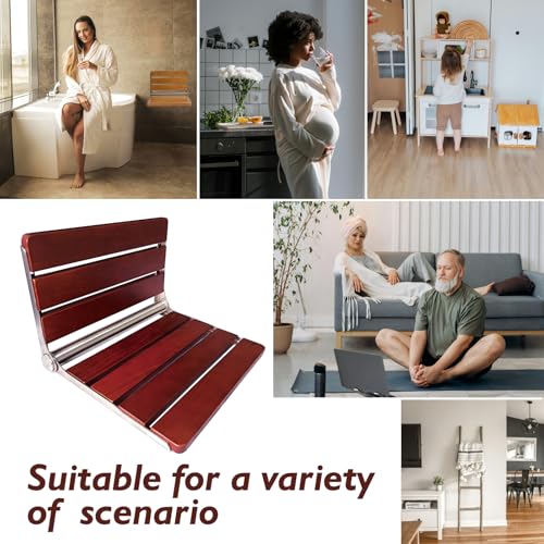 Folding Shower Seat Wall Mounted Shower Bench Teak Folding Shower Chair Wood Seat 316 Stainless Steel Frame Fold Down Shower Seat Reddish Brown 600 lbs,1 Pack - color: Reddish Brown