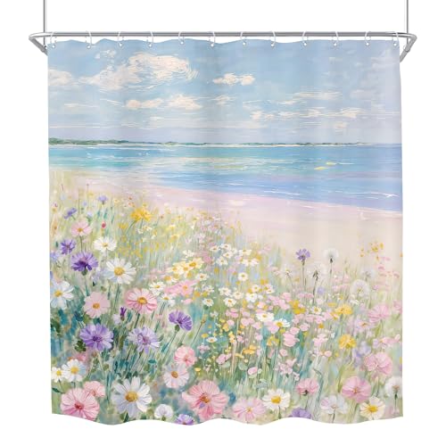 Ocean Beach Shower Curtain Wildflower Coastal Seaside Bathroom Curtain Set | 72Wx72H Blue Sea Floral Flower Girly Nature Path Bathroom Curtains Fabric Waterproof Polyester 12 Hooks - size: 72"W x 72"L (Pack of 1)