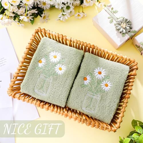SmoothNovelty 2 Pcs Daisy Flower Hand Towels Gray Green Bathroom Decor 14x29 Inch Embroidered 100% Cotton Soft Absorbent Spring Summer Decorative Hand Towels for Bathroom Kitchen - style: Daisy