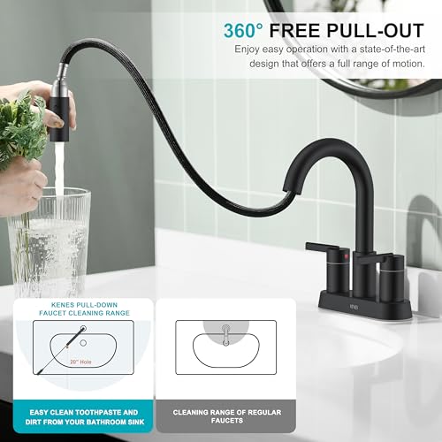 Matte Black Centerset Pull Out Bathroom Faucet 4 Inch 2 Handle 3 Hole | Pull Down Bathroom Faucet with Pop Up Drain & Supply Lines, Lead-Free cUPC & NSF Certified, 3 Hole Faucet for Vanity RV Bar - color: Matte Black