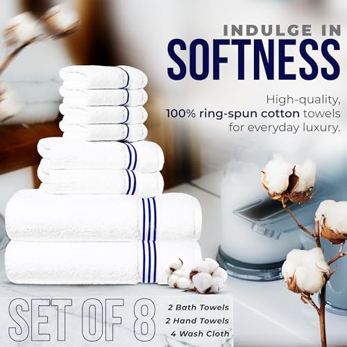 8-Piece Premium Towel Set, 2 Bath Towels, 2 Hand Towels, and 4 Wash Cloths, 100% Ring Spun Cotton Highly Absorbent Towels for Bathroom, Gym, Hotel, and Spa - color: Blue