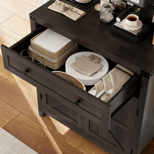 HOSTACK Kitchen Storage Cabinet, Farmhouse Coffee Bar Cabinet, Dark Brown | Small Buffet Cabinet with Doors & Wide Drawer, Wood Sideboard Buffet, Entry Table w/ Adjustable Shelf for Dining Living Room - color: Dark Brown