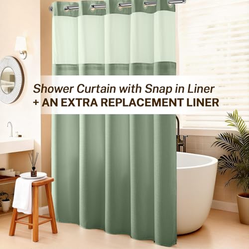 River Dream No Hooks Shower Curtain with 2 Snap in Liner, Green, 71Wx74H | Waffle Weave, 1 Attached Snap in Liner and 1 Extra Replacement Liner, Bathroom Curtains Shower Set, Hotel Grade, Spa Like - color: Green